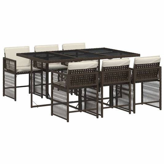 7 Piece Garden Dining Set with Cushions Brown Poly Rattan