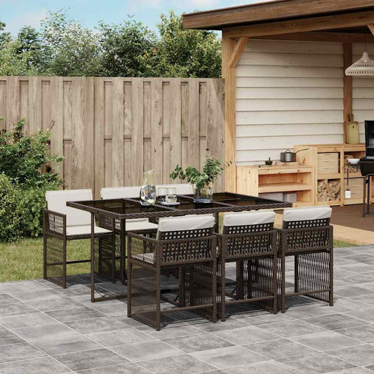 7 Piece Garden Dining Set with Cushions Brown Poly Rattan