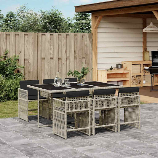 7 Piece Garden Dining Set with Cushions Light Grey Poly Rattan