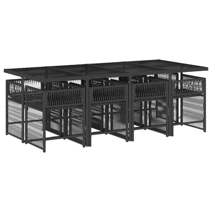 9 Piece Garden Dining Set with Cushions Black Poly Rattan