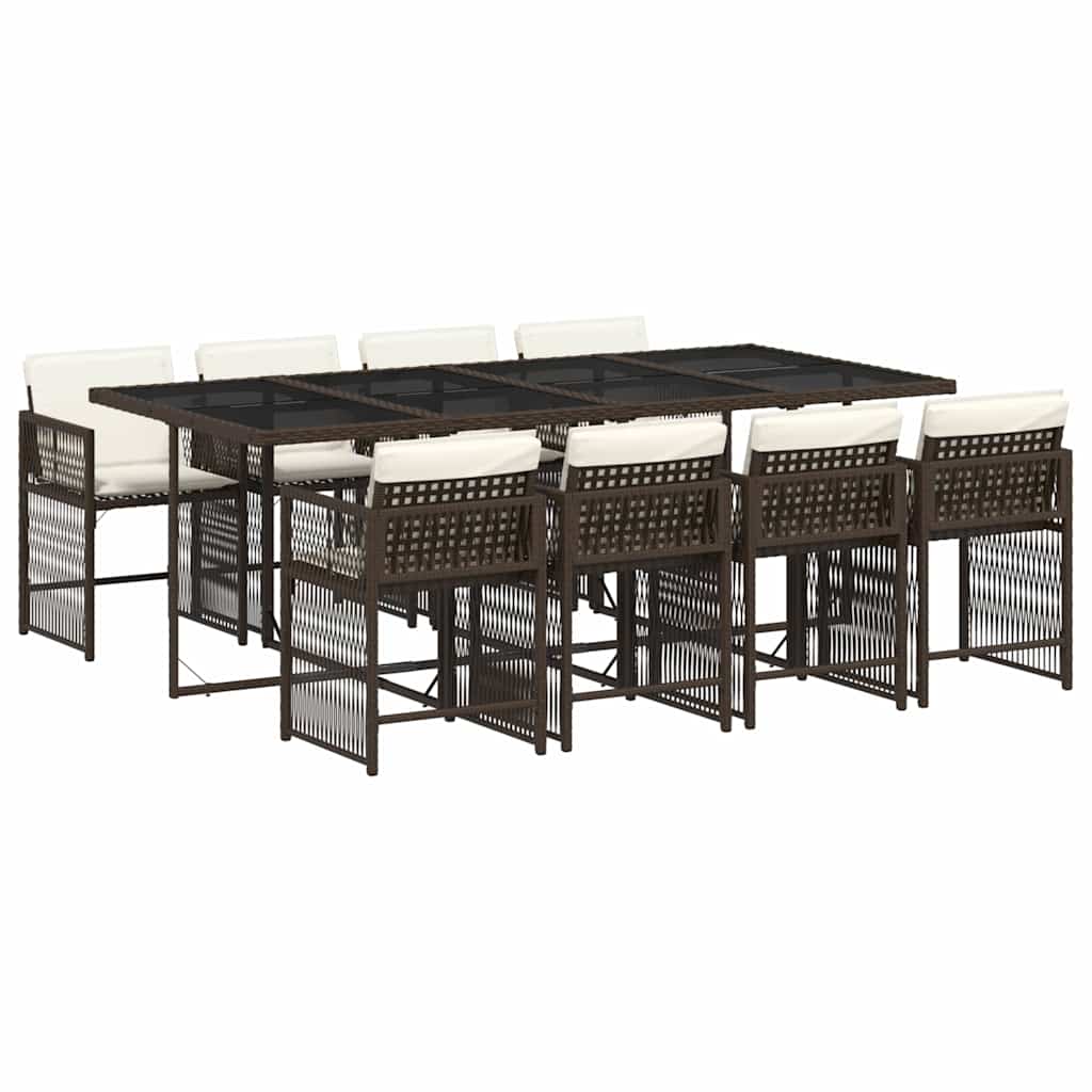 9 Piece Garden Dining Set with Cushions Brown Poly Rattan