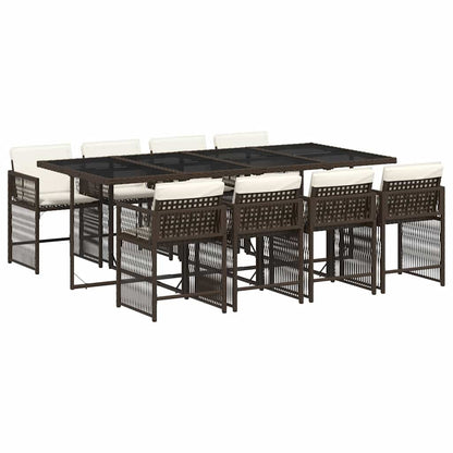9 Piece Garden Dining Set with Cushions Brown Poly Rattan