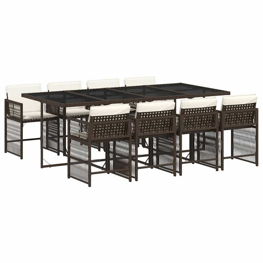 9 Piece Garden Dining Set with Cushions Brown Poly Rattan