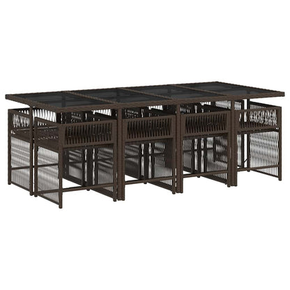 9 Piece Garden Dining Set with Cushions Brown Poly Rattan