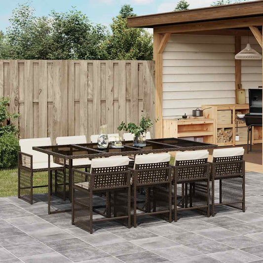 9 Piece Garden Dining Set with Cushions Brown Poly Rattan