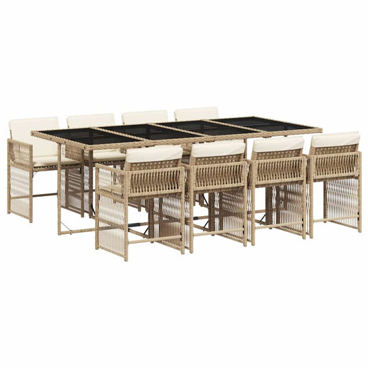 9 Piece Garden Dining Set with Cushions Beige Poly Rattan