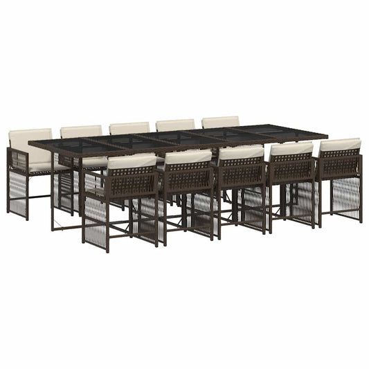 11 Piece Garden Dining Set with Cushions Brown Poly Rattan
