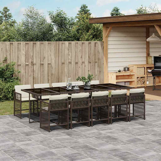 11 Piece Garden Dining Set with Cushions Brown Poly Rattan