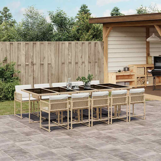 11 Piece Garden Dining Set with Cushions Beige Poly Rattan
