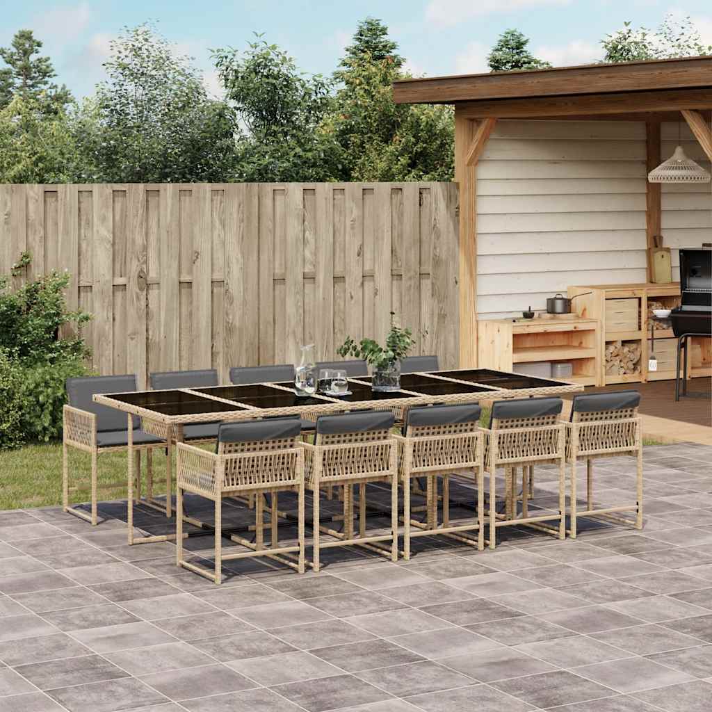 11 Piece Garden Dining Set with Cushions Mix Beige Poly Rattan