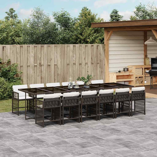 13 Piece Garden Dining Set with Cushions Brown Poly Rattan