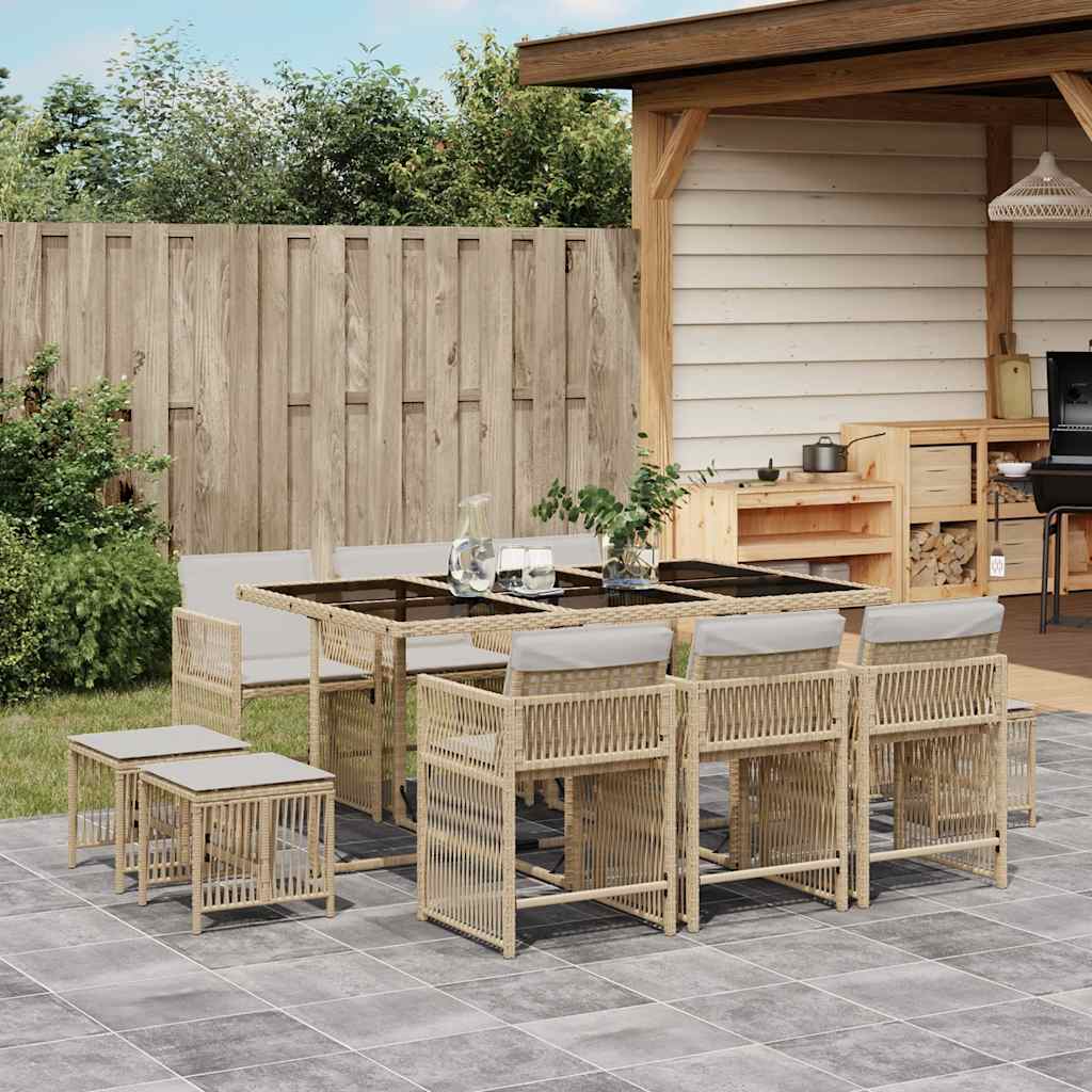 11 Piece Garden Dining Set with Cushions Beige Poly Rattan