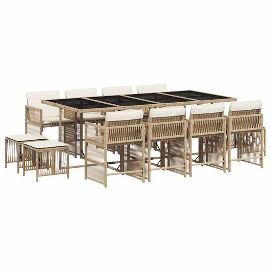 13 Piece Garden Dining Set with Cushions Beige Poly Rattan