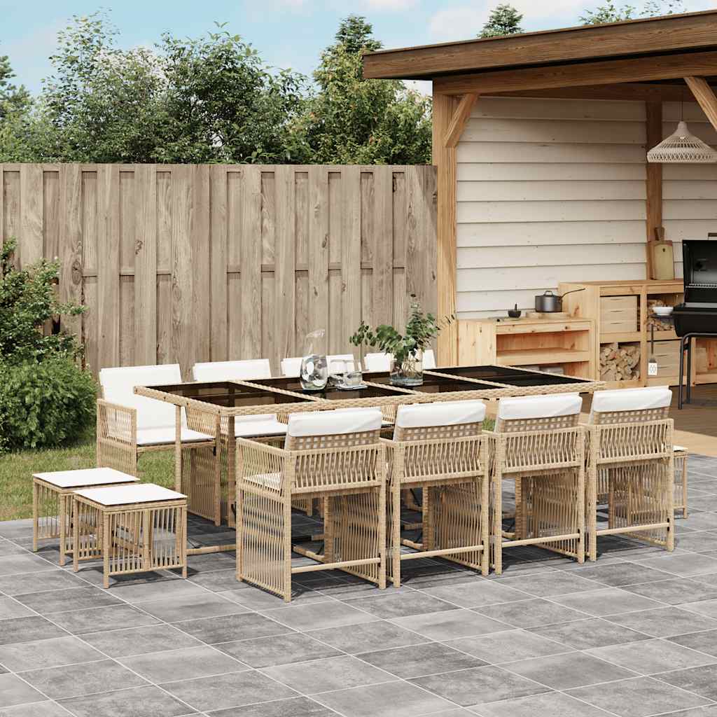 13 Piece Garden Dining Set with Cushions Beige Poly Rattan