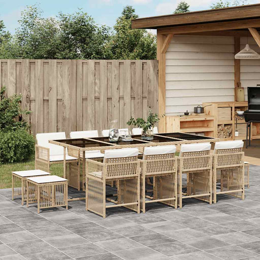 13 Piece Garden Dining Set with Cushions Beige Poly Rattan
