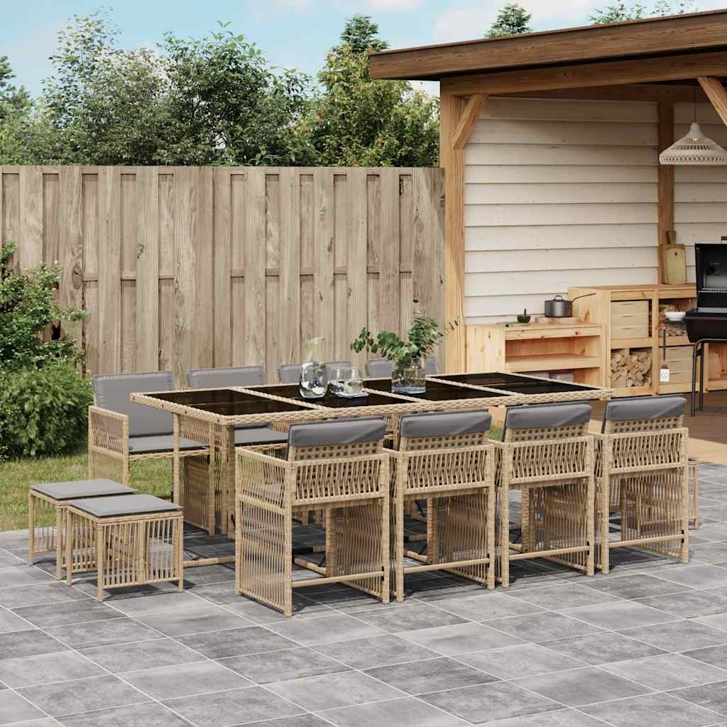 13 Piece Garden Dining Set with Cushions Mix Beige Poly Rattan