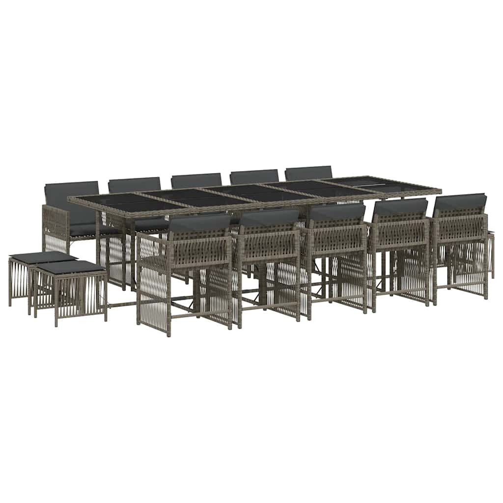 15 Piece Garden Dining Set with Cushions Grey Poly Rattan