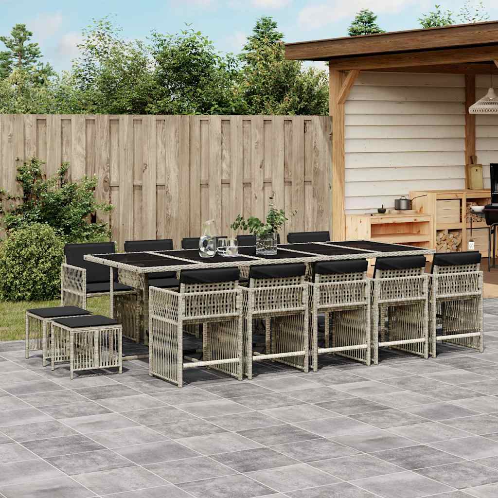 15 Piece Garden Dining Set with Cushions Light Grey Poly Rattan