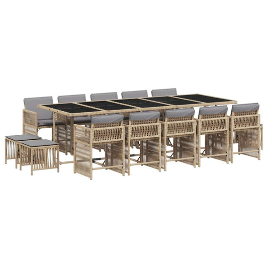 15 Piece Garden Dining Set with Cushions Mix Beige Poly Rattan