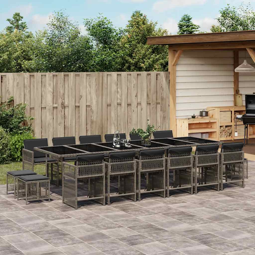 17 Piece Garden Dining Set with Cushions Grey Poly Rattan