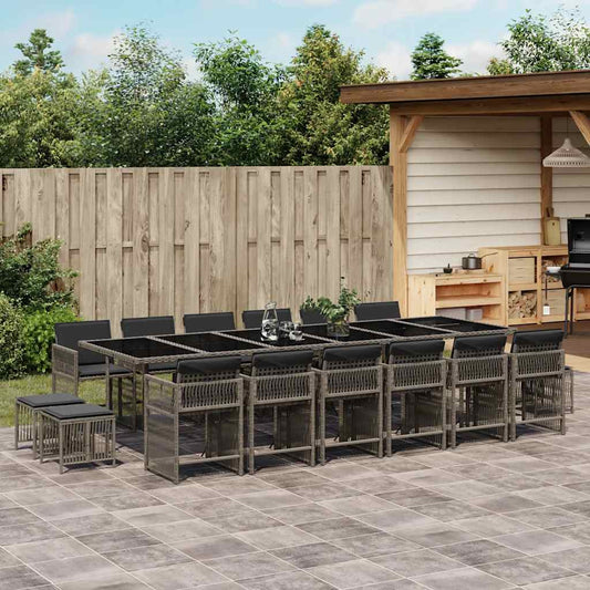 17 Piece Garden Dining Set with Cushions Grey Poly Rattan