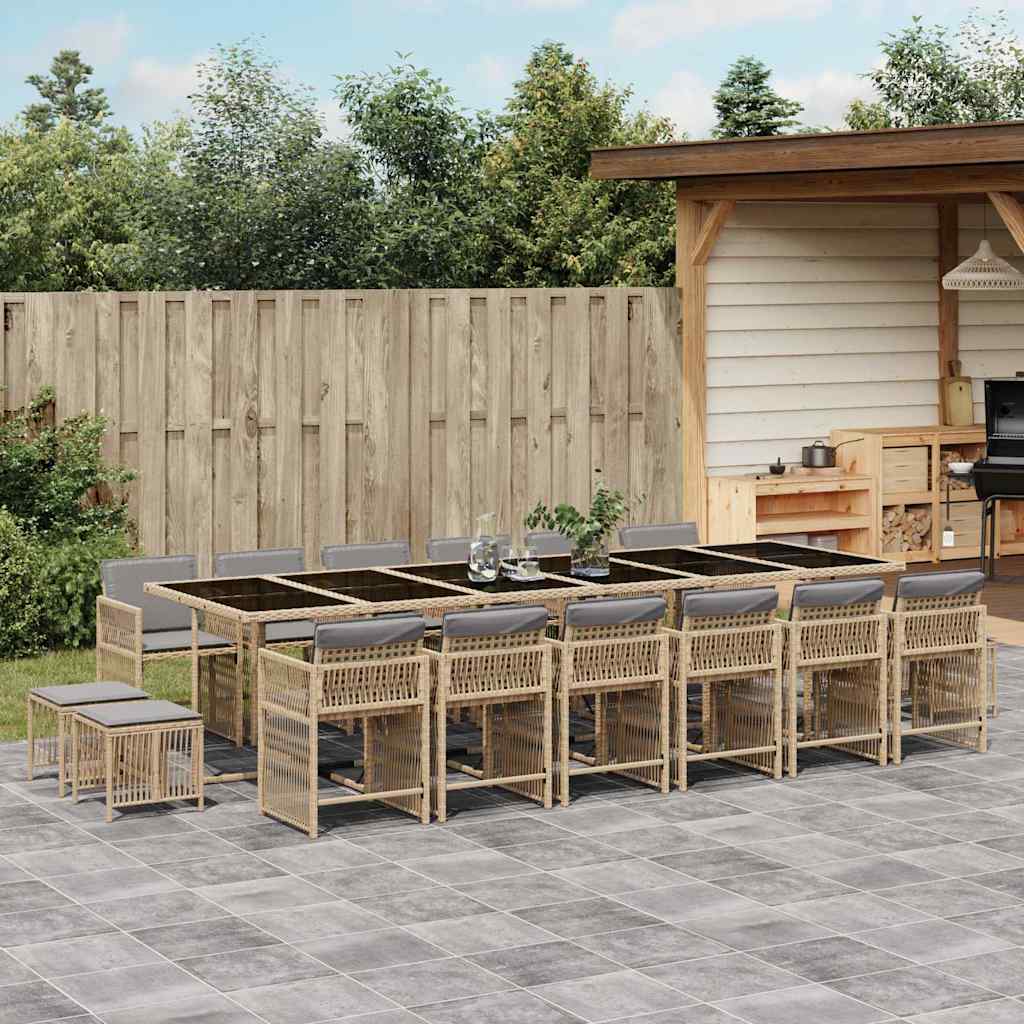 17 Piece Garden Dining Set with Cushions Mix Beige Poly Rattan