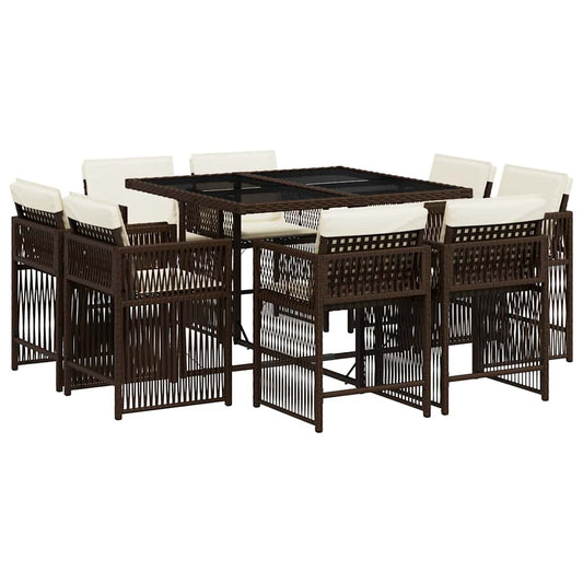 9 Piece Garden Dining Set with Cushions Brown Poly Rattan