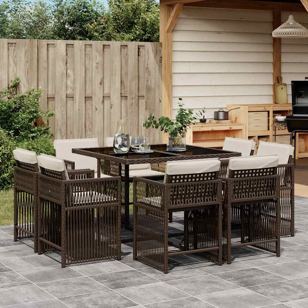 9 Piece Garden Dining Set with Cushions Brown Poly Rattan