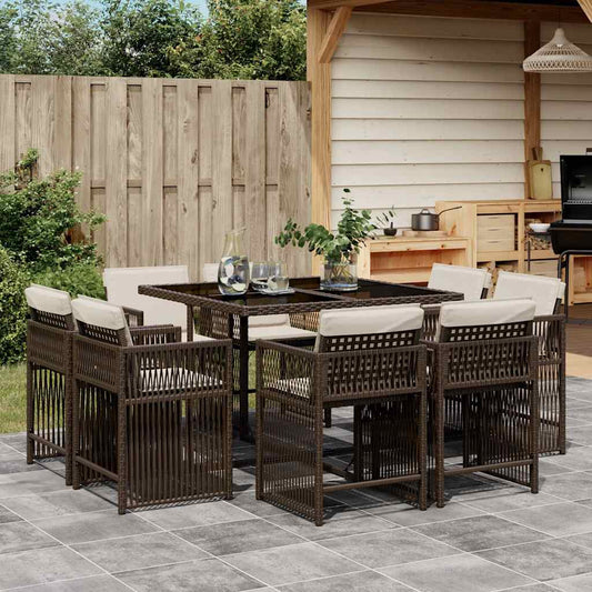 9 Piece Garden Dining Set with Cushions Brown Poly Rattan