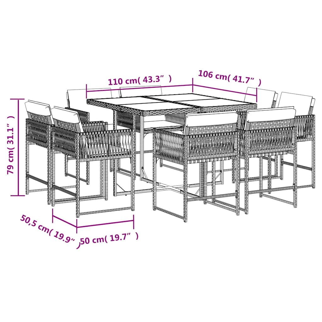 9 Piece Garden Dining Set with Cushions Light Grey Poly Rattan