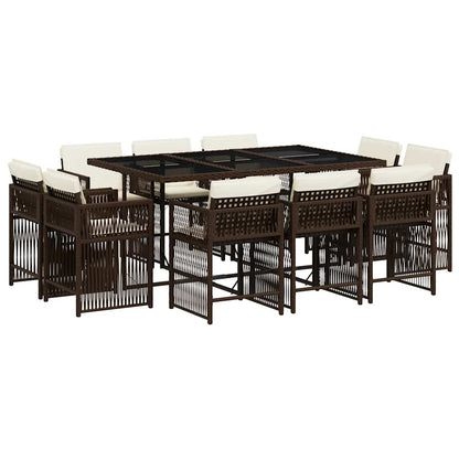 11 Piece Garden Dining Set with Cushions Brown Poly Rattan