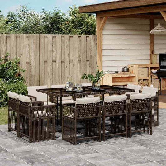11 Piece Garden Dining Set with Cushions Brown Poly Rattan