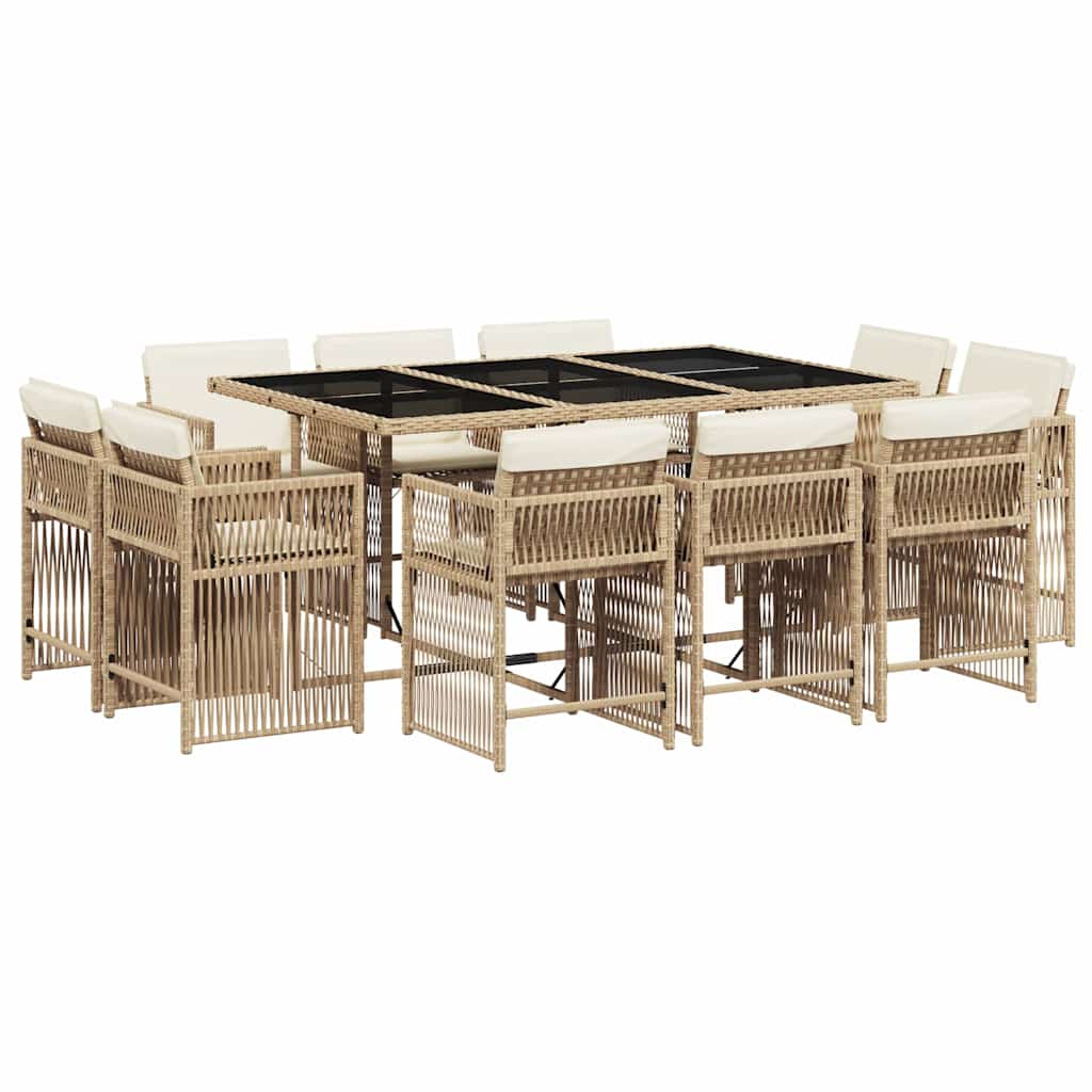 11 Piece Garden Dining Set with Cushions Beige Poly Rattan