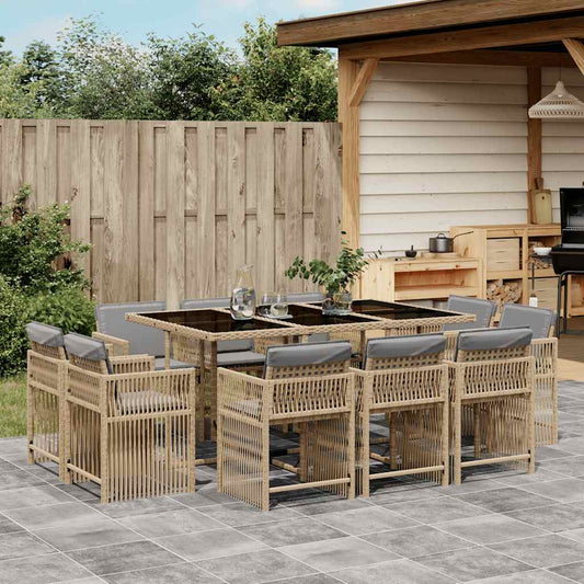 11 Piece Garden Dining Set with Cushions Mix Beige Poly Rattan
