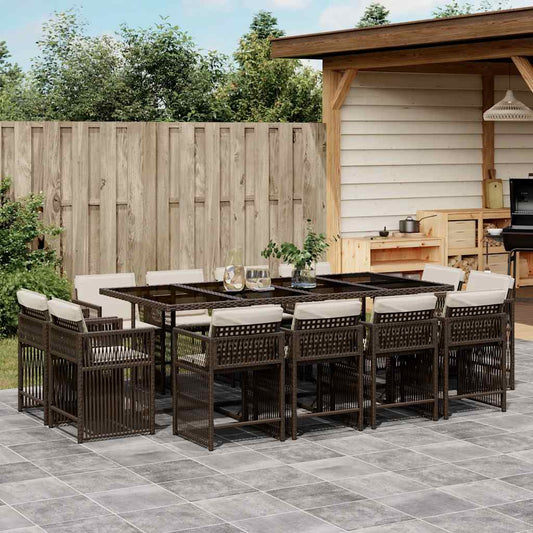 13 Piece Garden Dining Set with Cushions Brown Poly Rattan