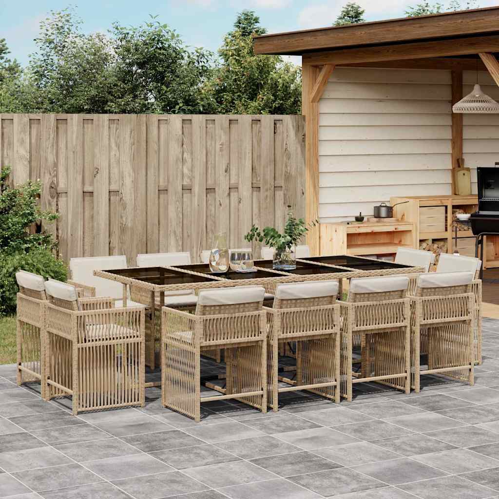 13 Piece Garden Dining Set with Cushions Beige Poly Rattan
