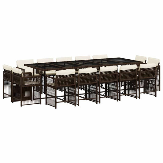 15 Piece Garden Dining Set with Cushions Brown Poly Rattan