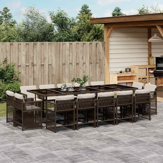 15 Piece Garden Dining Set with Cushions Brown Poly Rattan