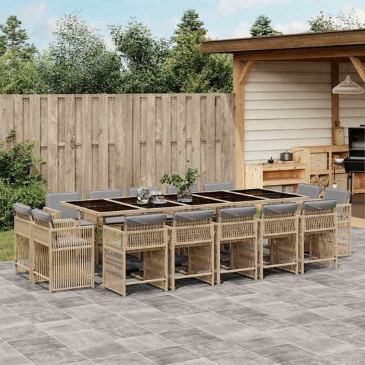 15 Piece Garden Dining Set with Cushions Mix Beige Poly Rattan