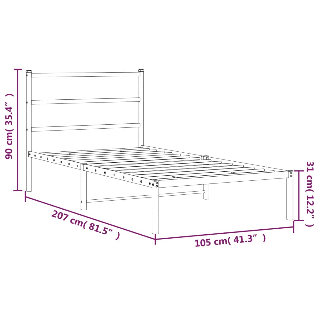 Metal Bed Frame without Mattress with Headboard Black 100x200cm