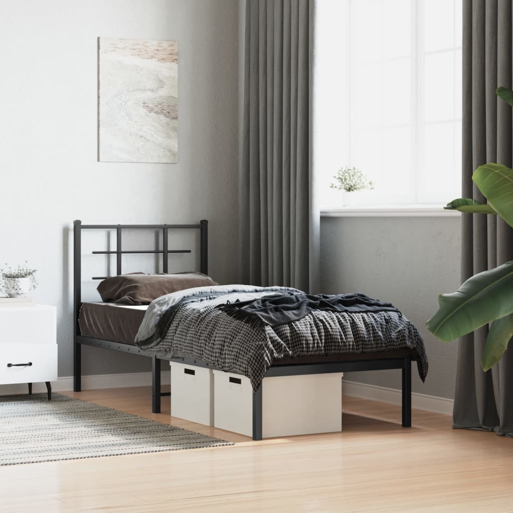 Metal Bed Frame without Mattress with Headboard Black 75x190cm