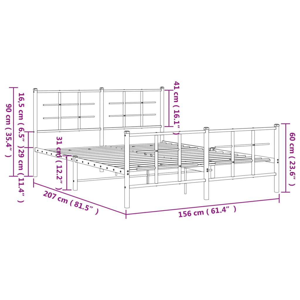 Metal Bed Frame without Mattress with Footboard Black 150x200cm