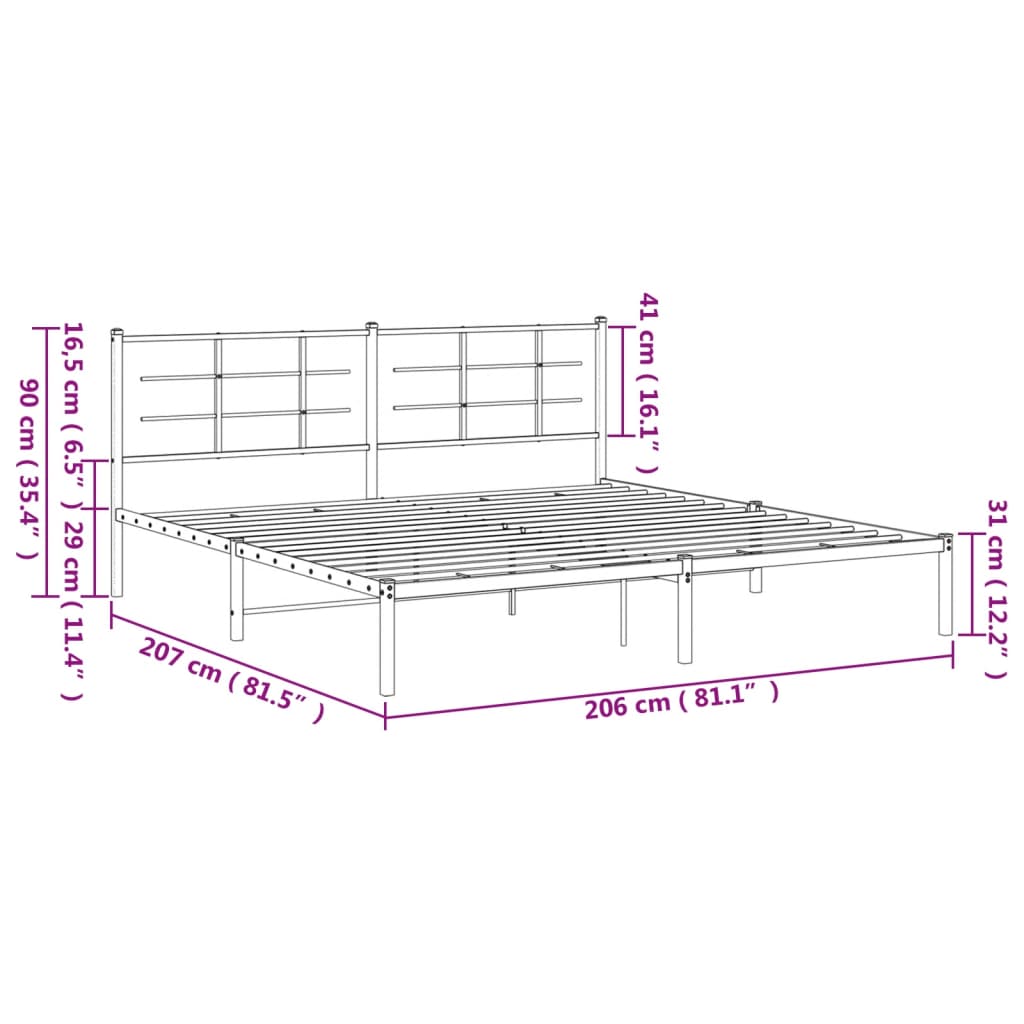 Metal Bed Frame without Mattress with Headboard White 200x200cm