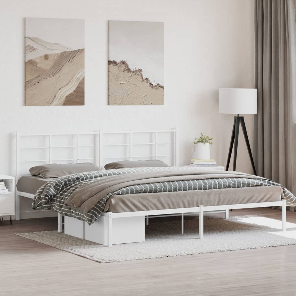 Metal Bed Frame without Mattress with Headboard White 200x200cm