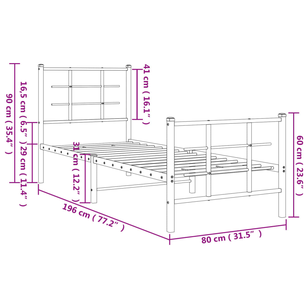 Metal Bed Frame without Mattress with Footboard White 75x190cm