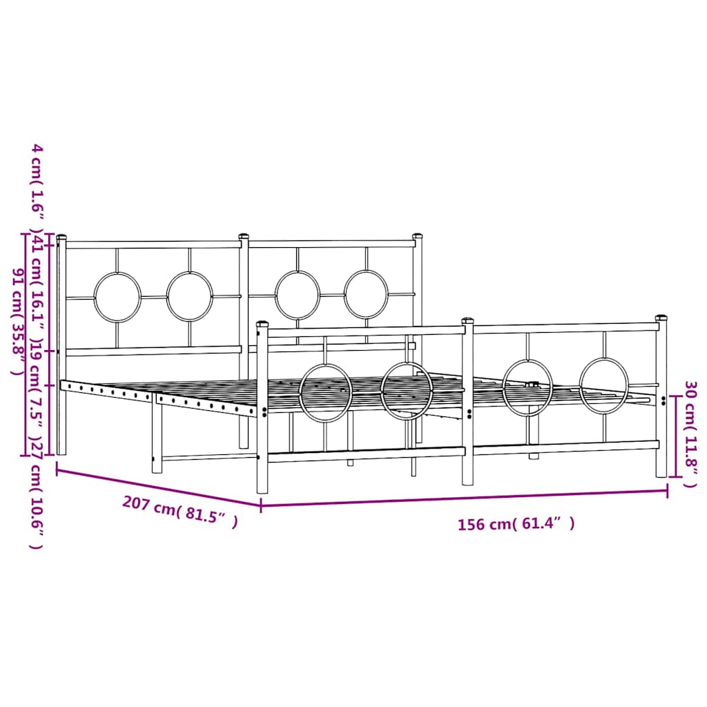 Metal Bed Frame without Mattress with Footboard Black 150x200cm