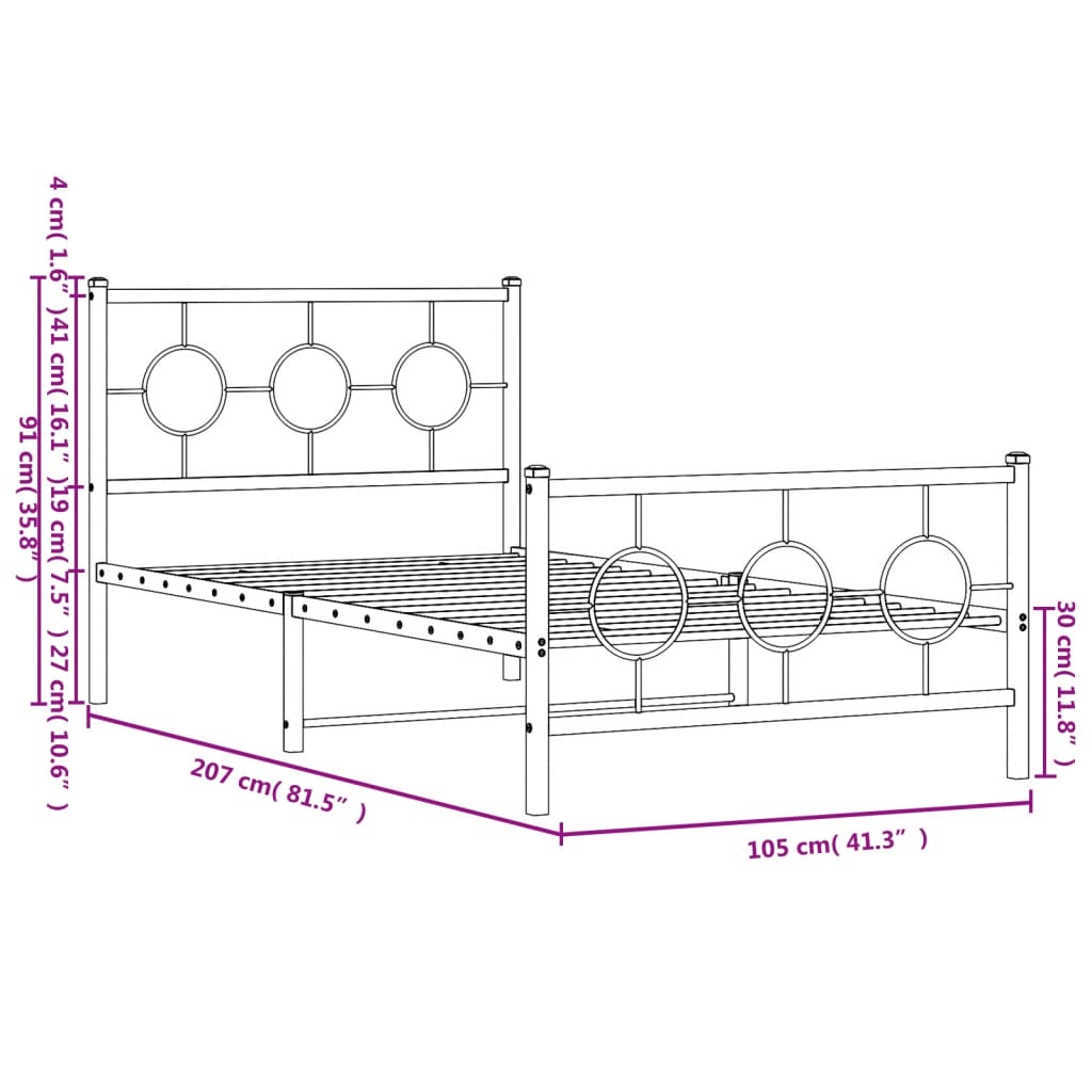 Metal Bed Frame without Mattress with Footboard White 100x200cm