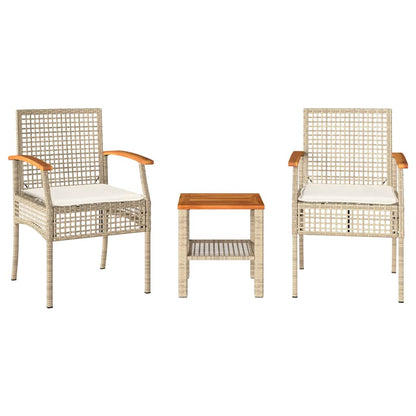 3 Piece Bistro Set with Cushions Beige Poly Rattan Acacia Wood