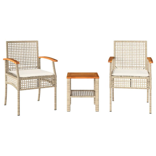 3 Piece Bistro Set with Cushions Beige Poly Rattan Acacia Wood