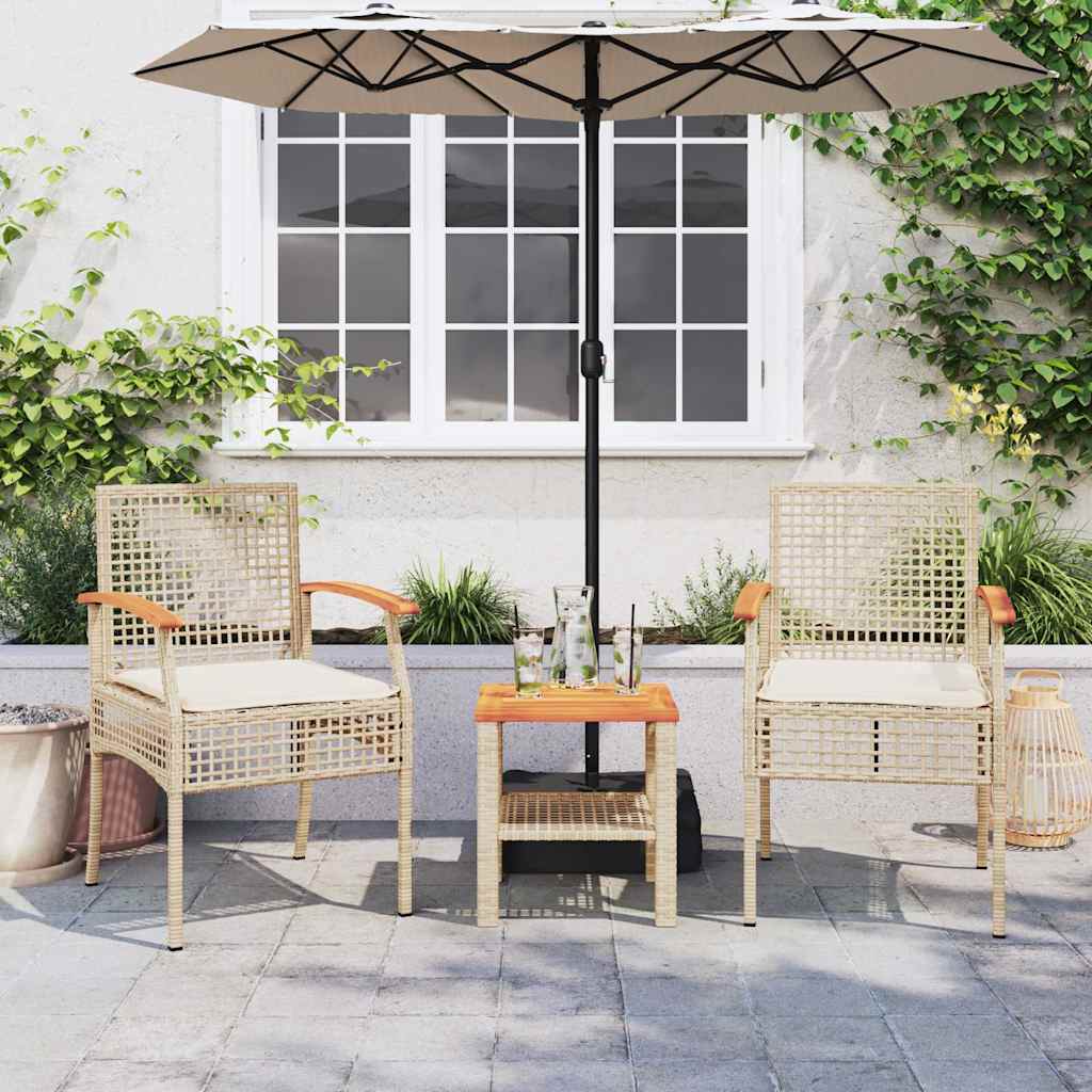 3 Piece Bistro Set with Cushions Beige Poly Rattan Acacia Wood